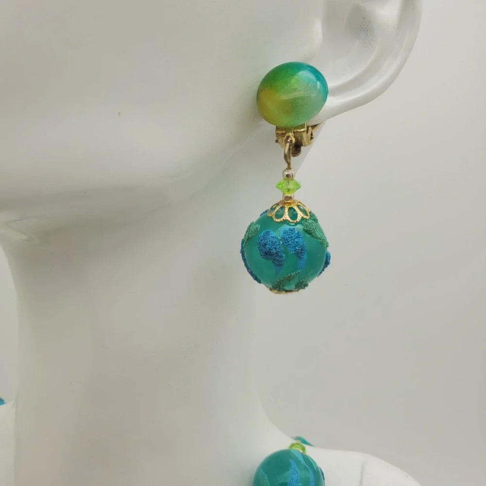 Hong Kong Necklace Clip Earrings Blue Green Flocked Beaded Acrylic Lucite Summer